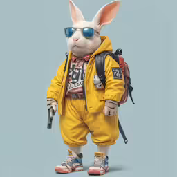 the bunny with a yellow jumpsuit stands in front of blue background