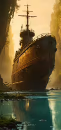 a pirate boat is sitting on the water,a large boat sits next to some trees