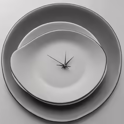black and white photo of two plates and one fork