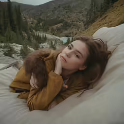 a woman lays on the pillow while holding her teddy bear
