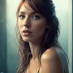 a woman with blue eyes is standing near a window