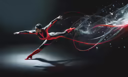 a person standing in the air with one foot outstretched and arms spread out