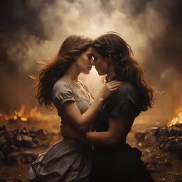 two women, one is embracing the other while surrounded by fire