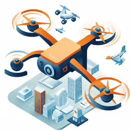 an orange and black drone flying in the air over a city