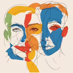 three people in colorful abstract art work