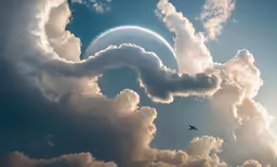 a plane flies through a thick cloud filled sky
