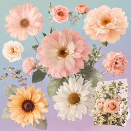 a bunch of pink and orange flowers and some white ones,a bunch of pink and peach flowers with greenery