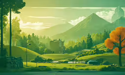 a scenic scene with a green hills and a house,an image of a village in the mountain