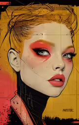 the girl has a red makeup and is wearing a black outfit