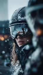 a woman with helmet and goggles on looks into a window