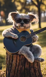 a dog sitting on a stump wearing sunglasses and playing a guitar