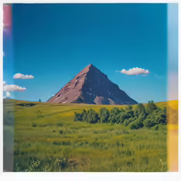 a large mountain that is next to some grass