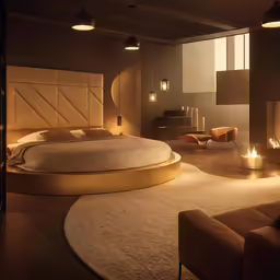 a modern bedroom with large round bed, tan and beige decor