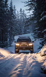 car driving in deep snow along trail with evergreen trees