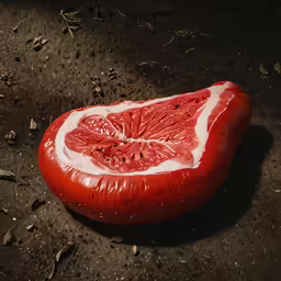 a tomato slice with white marks and a tomato on the ground