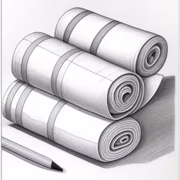 some towels on a table and a pencil on paper,a pencil drawing of rolled up towels and a pen