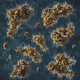 some strange colored plants floating in a blue sky