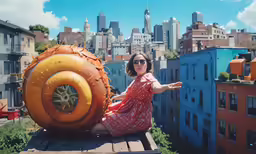 woman with sun glasses sits on the back of a large float