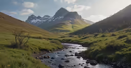 a green grassy valley has some rocks and water