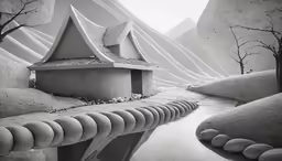 landscape photograph in black and white of a house