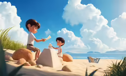 an animated couple plays in the sand at the beach