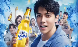 an asian movie poster featuring a man with beer