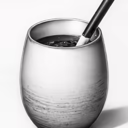 a silver cup filled with black liquid and ice