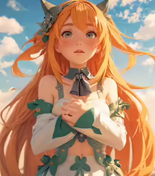 anime character with long orange hair wearing green
