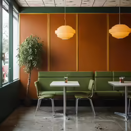 a dining room with green seats and tables