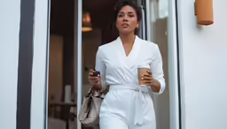 the woman is walking out of her house holding a cup