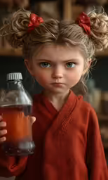 a very cute doll holding a bottle filled with liquid