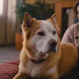 the woman is sitting next to her brown and white dog