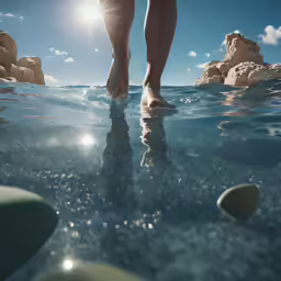 someones legs in water and rocks beneath their feet