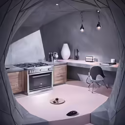 an interior kitchen with a large wall - mounted oven