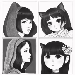 the faces of two anime girls wearing cat ears and long bangs