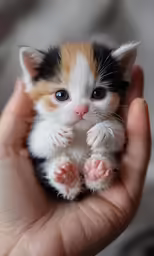 a hand holding a small orange white and black kitten