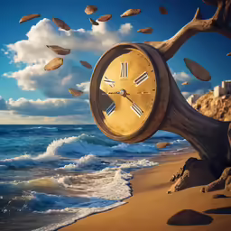 a tree with clock in its trunk on the beach