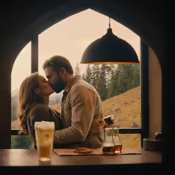 the couple are kissing in the bar next to the mountain