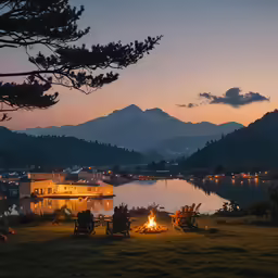 a night scene of a fire pit in the middle of a lake