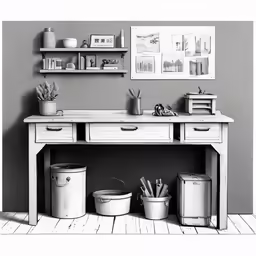 a shelf with some vases next to it and two buckets sitting on top of it