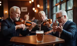 three men in suits playing violin and drinking beer