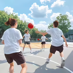 kids in white shirts playing with a red ball on the basketball court