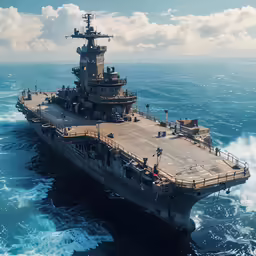 an aircraft carrier in the ocean with blue and white clouds