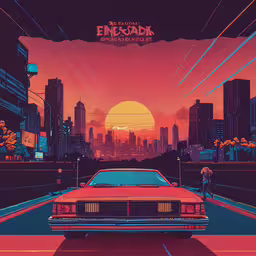 a painting of an orange car driving through a city,there is a red car that is driving through the street