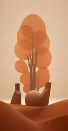 desert landscape, with a tree and bottles