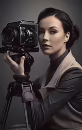 woman wearing business attire is holding up a movie camera