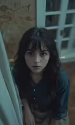 a woman sitting next to a white window