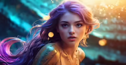 a woman with purple hair is featured in this fantasy photo