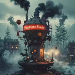 steam rises from a building on top of a hill with fog