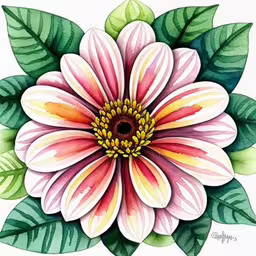 a pink and yellow flower with green leaves,an ink drawing of a flower with green leaves,a flower with green leaves and pink flowers on it,a painting of a flower with green leaves on top,a watercolor drawing of a large flower